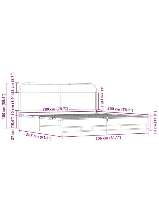 Gultas rāmis bez matrača, metāls, 200x200cm, ozolkoka imitācija
