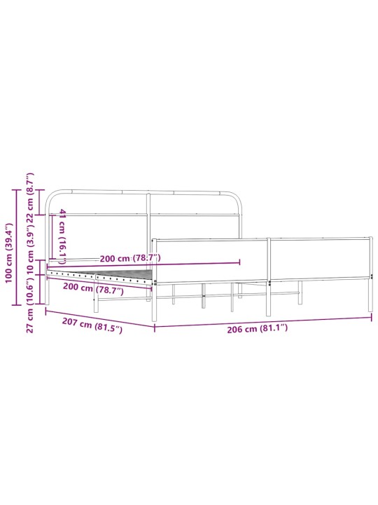 Gultas rāmis bez matrača, metāls, 200x200cm, ozolkoka imitācija
