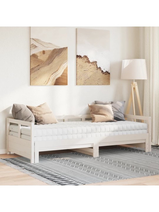 Izvelkama gulta ar matračiem, balta, 90x190 cm, priedes koks