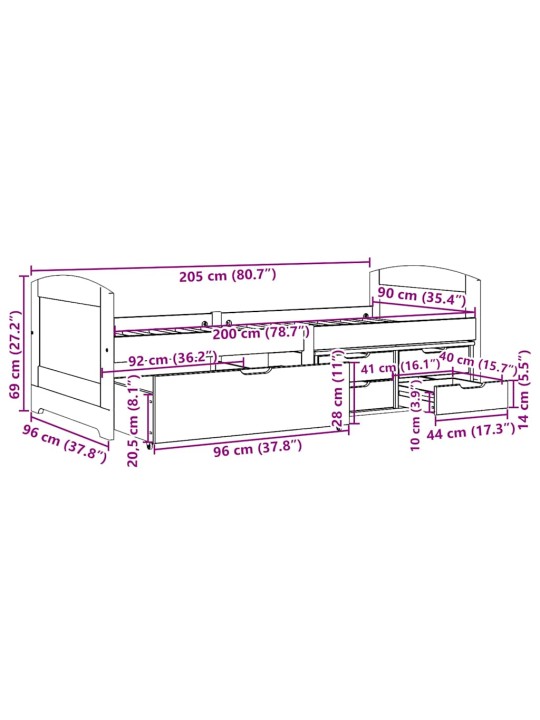 Dienas gulta 5 atvilktnēm bez matrača irun balts rozā 90x200 cm