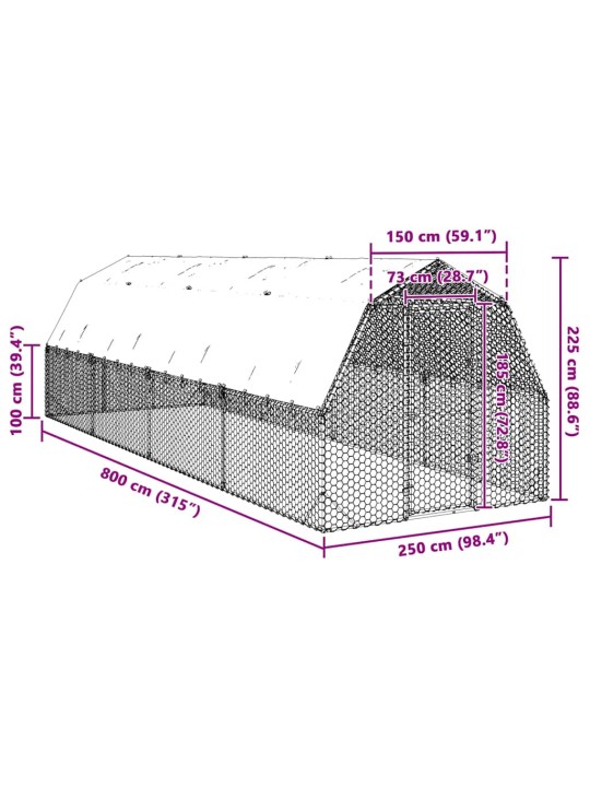 Vistas skrējiens ar jumtu, 2,5x8x2,25 m, cinkots tērauds