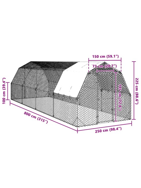 Vistas skrējiens ar jumtu, 2,5x8x2,25 m, cinkots tērauds
