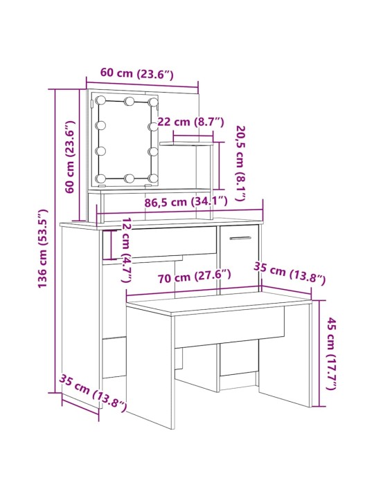 Tualetes galda komplekts ar led old wood engineered wood