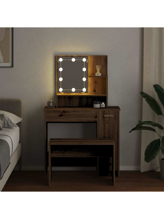 Tualetes galda komplekts ar led, koka krāsa, inženierijas koks