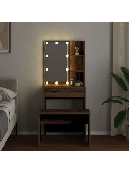 Tualetes galda komplekts ar led, koka krāsa, inženierijas koks