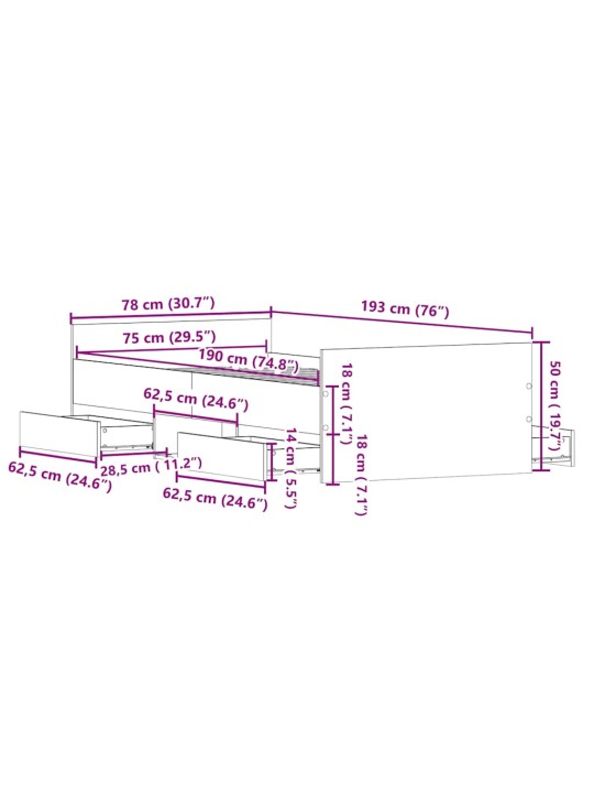 Gultas rāmis vecs koks 75 x 190 cm inženierijas koks