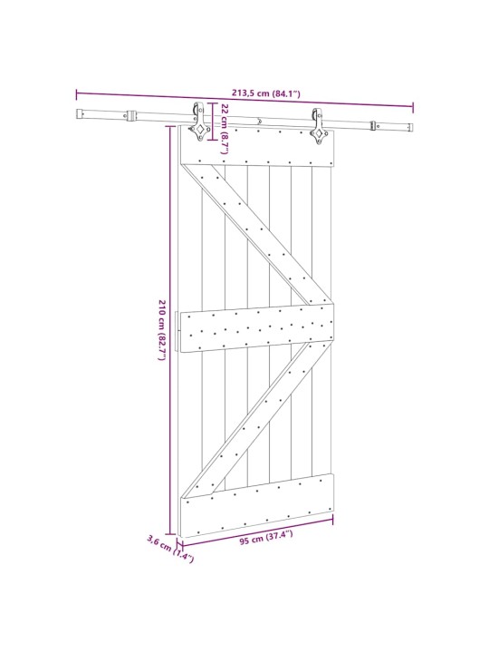 Bīdāmās durvis ar stiprinājumiem, 95x210 cm, priedes masīvkoks
