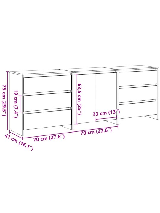 Puse ar atvilktni 3 pcs melna 70 x 41 x 75 cm inženierijas koks