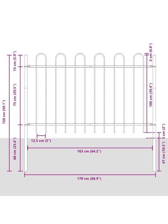 Dārza žogs pelēka 6.8 x 1 m pulverkrāsots tērauds