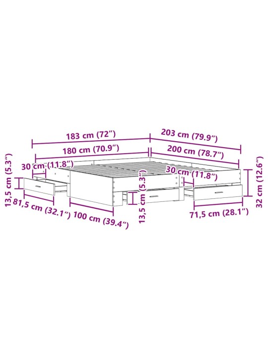 Gultas rāmis ar atvilktnēm melns ozols 180 x 200 cm