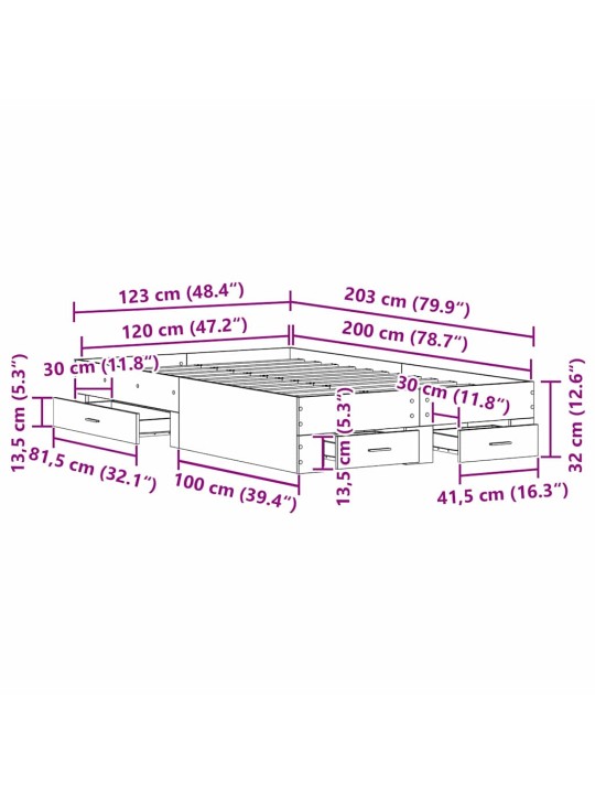 Gultas rāmis ar atvilktnēm ar atvilktni vecs koks 120 x 200 cm