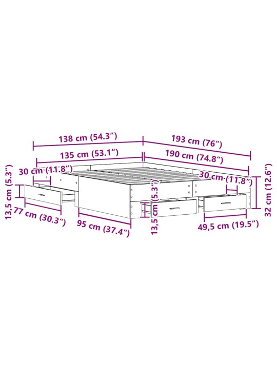 Gultas rāmis ar atvilktnēm melns ozols 135 x 190 cm