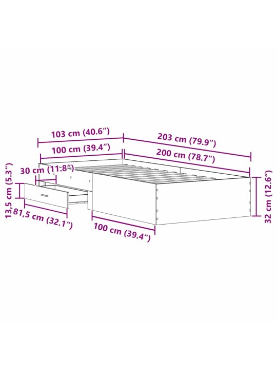 Gultas rāmis ar atvilktnēm melns ozols 100 x 200 cm