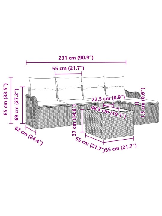 Dārza dīvānu komplekts 6 pcs melna poliūtu rotangpalma