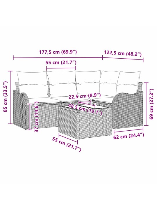 Dārza dīvānu komplekts 5 pcs melna poliūtu rotangpalma
