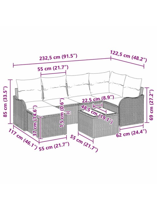 Dārza dīvānu komplekts 7 pcs melna poliūtu rotangpalma
