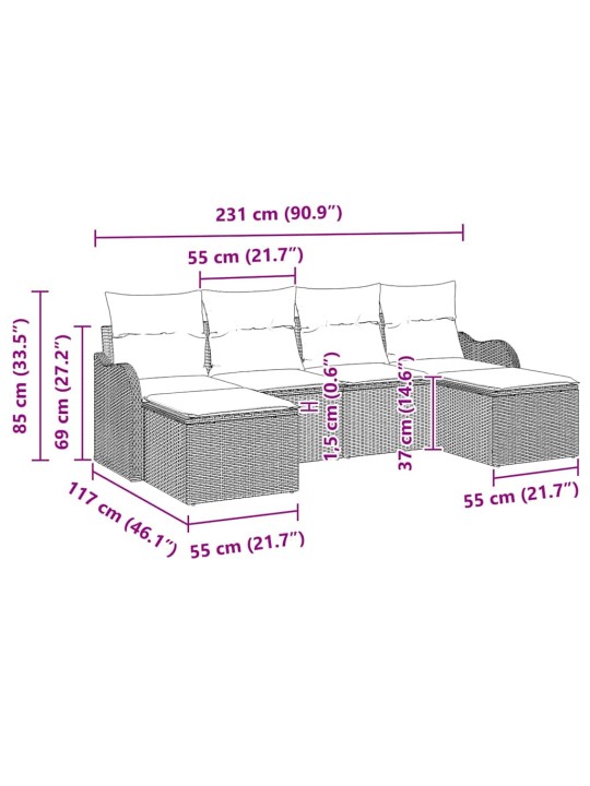Dārza dīvānu komplekts 6 pcs brūna poliūtu rotangpalma