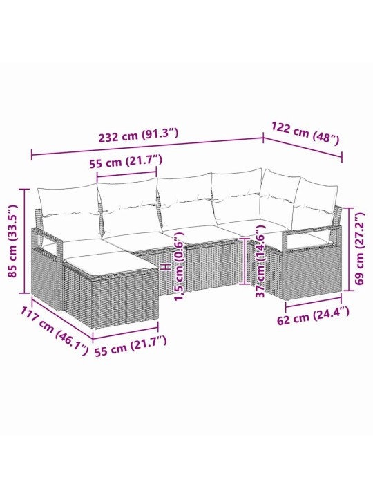 Dārza dīvānu komplekts 6 pcs brūna poliūtu rotangpalma
