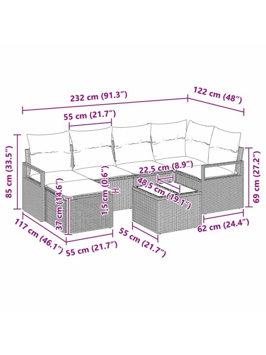 Dārza dīvānu komplekts 7 pcs melna poliūtu rotangpalma
