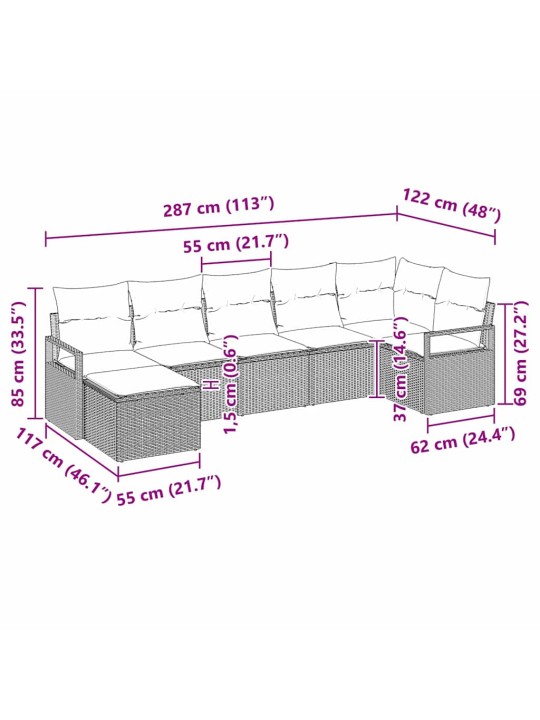 Dārza dīvānu komplekts 7 pcs melna poliūtu rotangpalma