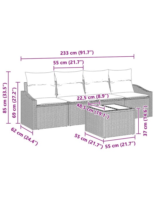Dārza dīvānu komplekts 5 pcs melns un krēmkrāsa 55 x 55 x 37 cm