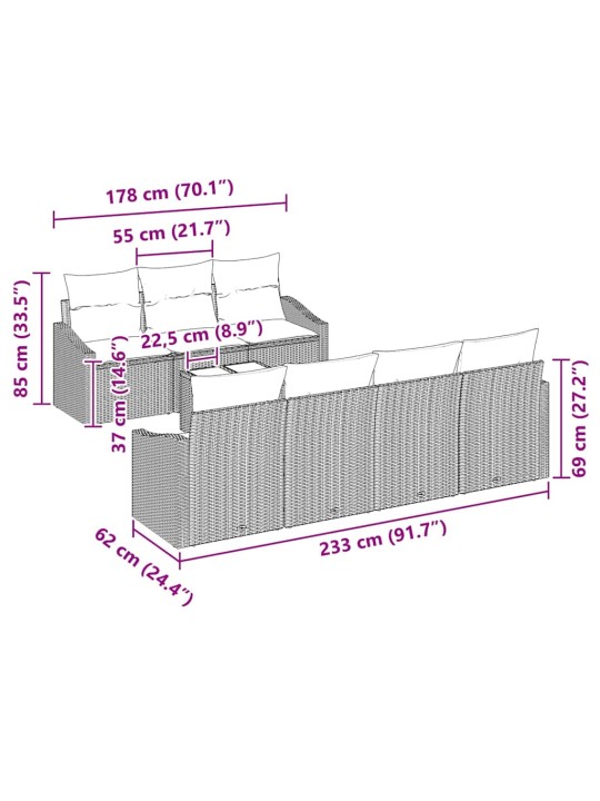 Dārza dīvānu komplekts ar spilvenu 8 pcs melna 55 x 55 x 37 cm
