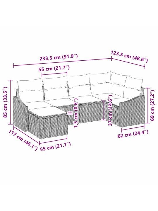 Dārza dīvānu komplekts 6 pcs brūna poliūtu rotangpalma