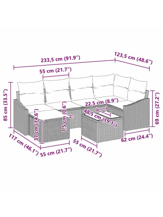 Dārza dīvānu komplekts 7 pcs melna poliūtu rotangpalma