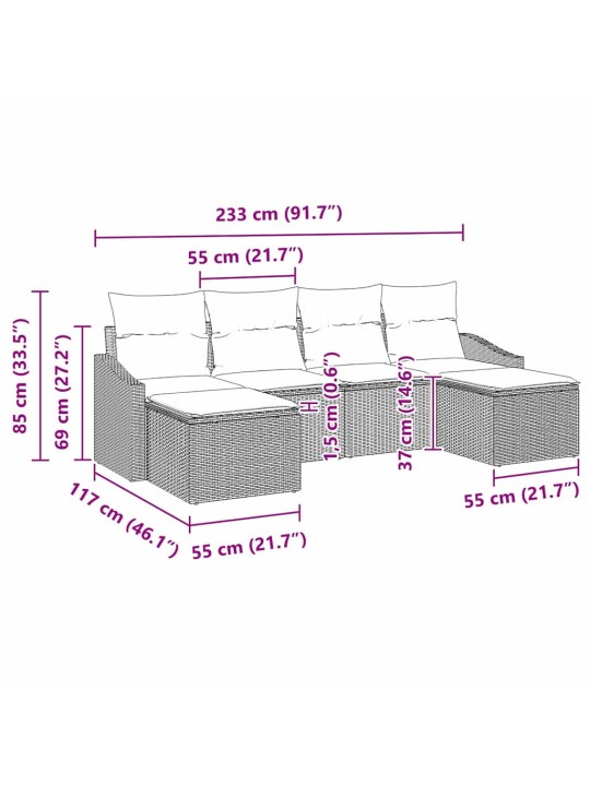 Dārza dīvānu komplekts 6 pcs brūna poliūtu rotangpalma
