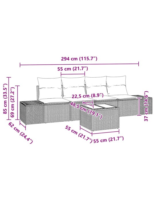 Dārza dīvānu komplekts 5 pcs melns un krēmkrāsa 55 x 55 x 37 cm