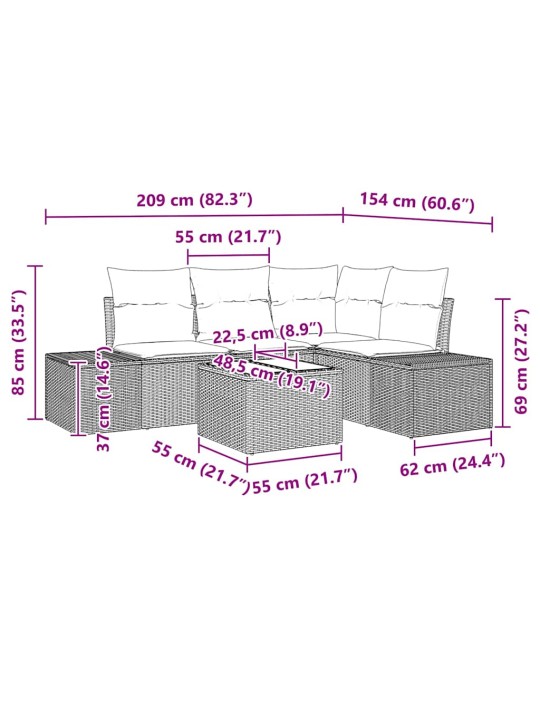 Dārza dīvānu komplekts 5 pcs brūna poliūtu rotangpalma