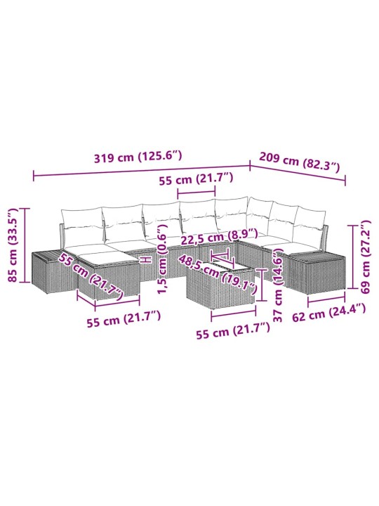 Dārza dīvānu komplekts ar spilvenu 9 pcs 319 x 209 x 85 cm