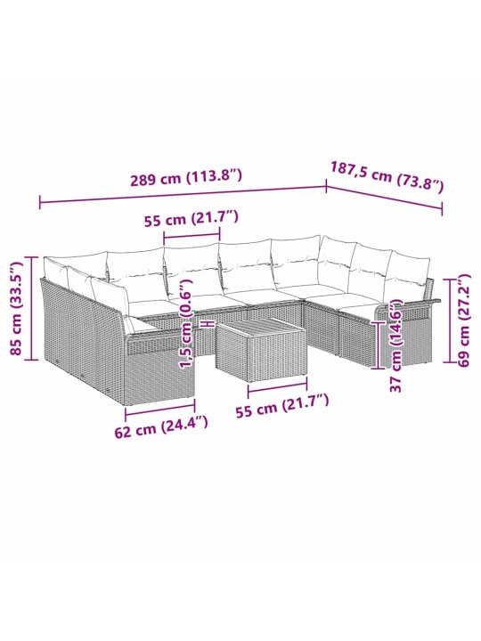 Dārza dīvānu komplekts 10 pcs pelēka poliūtu rotangpalma