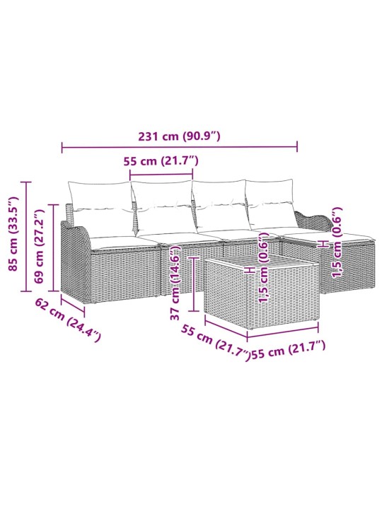 Dārza dīvānu komplekts 6 pcs pelēka poliūtu rotangpalma