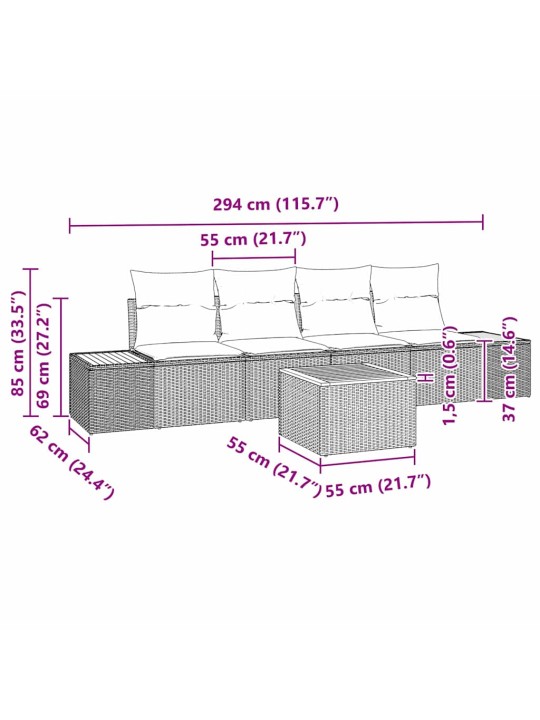 Dārza dīvānu komplekts 5 pcs melna poliūtu rotangpalma
