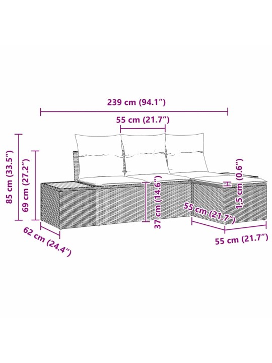 Ar spilvenu regulējams 4 pcs pelēka 239 x 117 x 37 cm