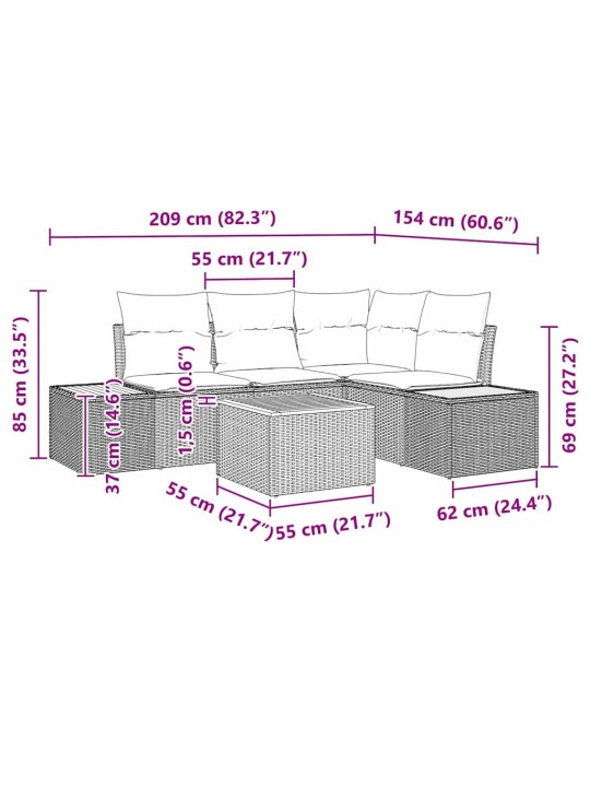 Dārza dīvānu komplekts 5 pcs pelēka poliūtu rotangpalma