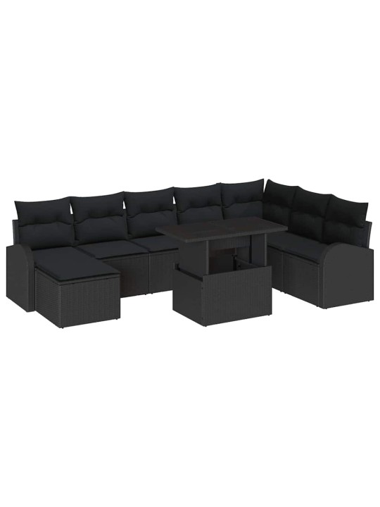 Dārza dīvānu komplekts ar spilvenu 9 pcs melna