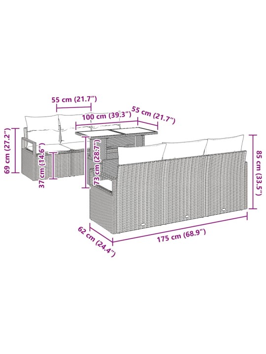 Dārza dīvānu komplekts ar spilvenu 7 pcs melna 100 x 55 x 73 cm