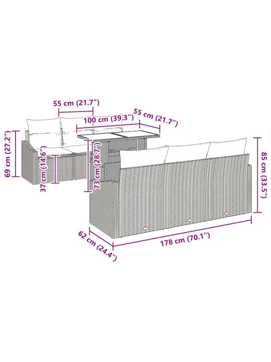 Dārza dīvānu komplekts ar spilvenu 7 pcs melna 100 x 55 x 73 cm