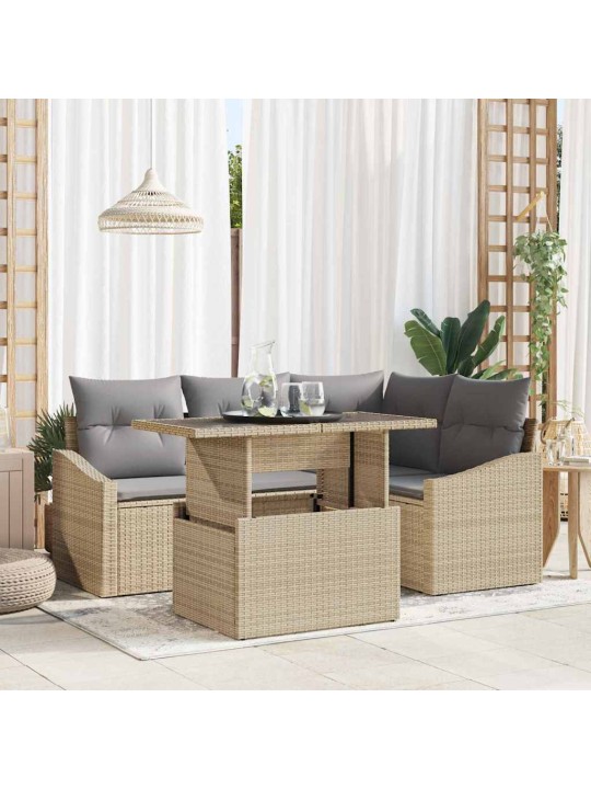 Dārza dīvānu komplekts ar spilvenu 5 pcs bēša un gaiši pelēka