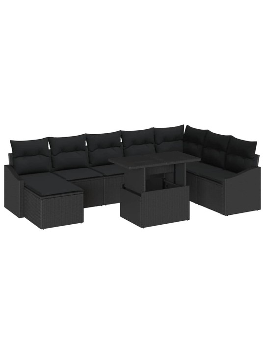 Dārza dīvānu komplekts ar spilvenu 9 pcs melna