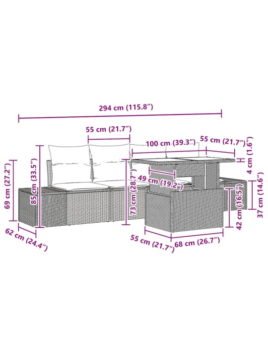 Dārza dīvānu komplekts 5 pcs pelēka 100 x 55 x 73 cm