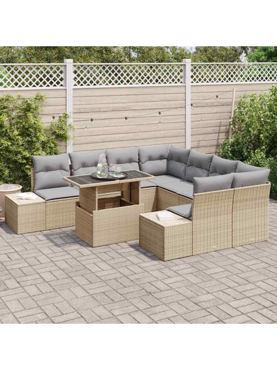 Dārza dīvānu komplekts ar spilvenu 9 pcs bēša un gaiši pelēka