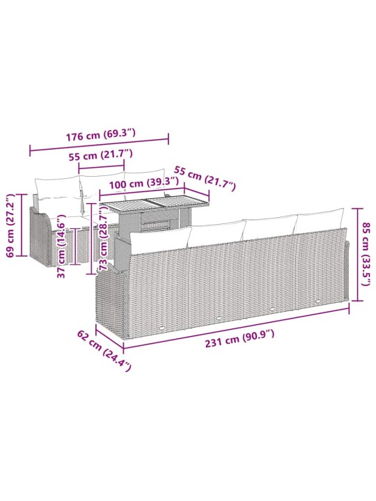 Dārza dīvānu komplekts ar spilvenu 8 pcs melna 100 x 55 x 73 cm