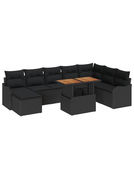 Dārza dīvānu komplekts ar spilvenu ar uzglabāšanu 9 pcs melna