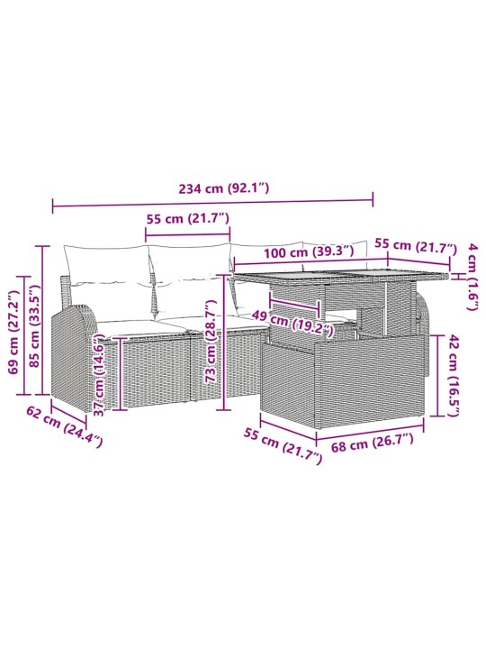 Dārza dīvānu komplekts ar spilvenu 5 pcs melna 100 x 55 x 73 cm