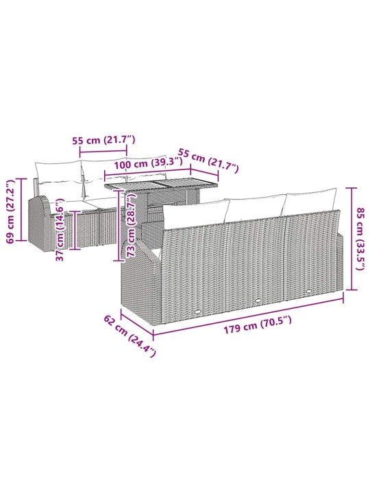 Dārza dīvānu komplekts ar spilvenu 7 pcs melna 100 x 55 x 73 cm