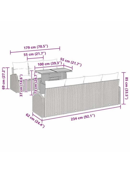 Dārza dīvānu komplekts ar spilvenu 8 pcs melna 100 x 55 x 73 cm