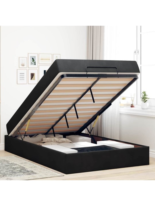 Gultas rāmis ar matraci ar uzglabāšanu melna 140 x 190 cm samts